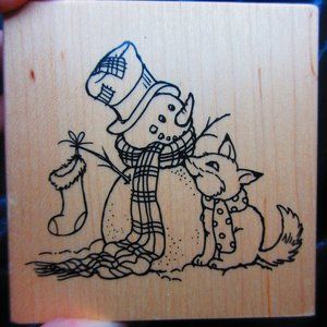 Snowman With Fox Wood Mounted Stamp 4.25" X 4.25"